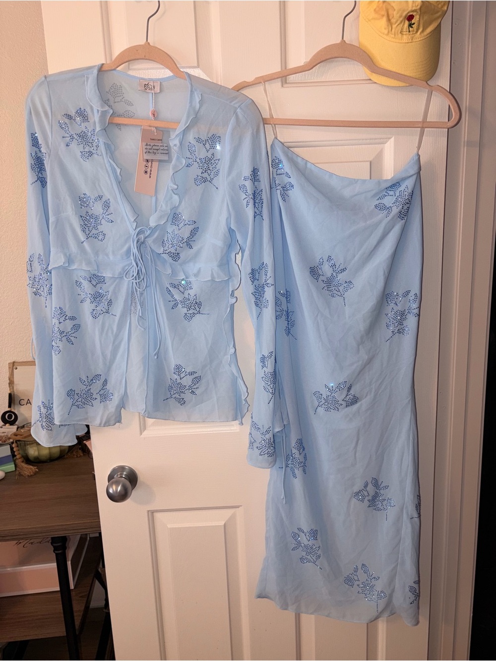Oh Polly Light Blue Floral Embroidered Chemise Set